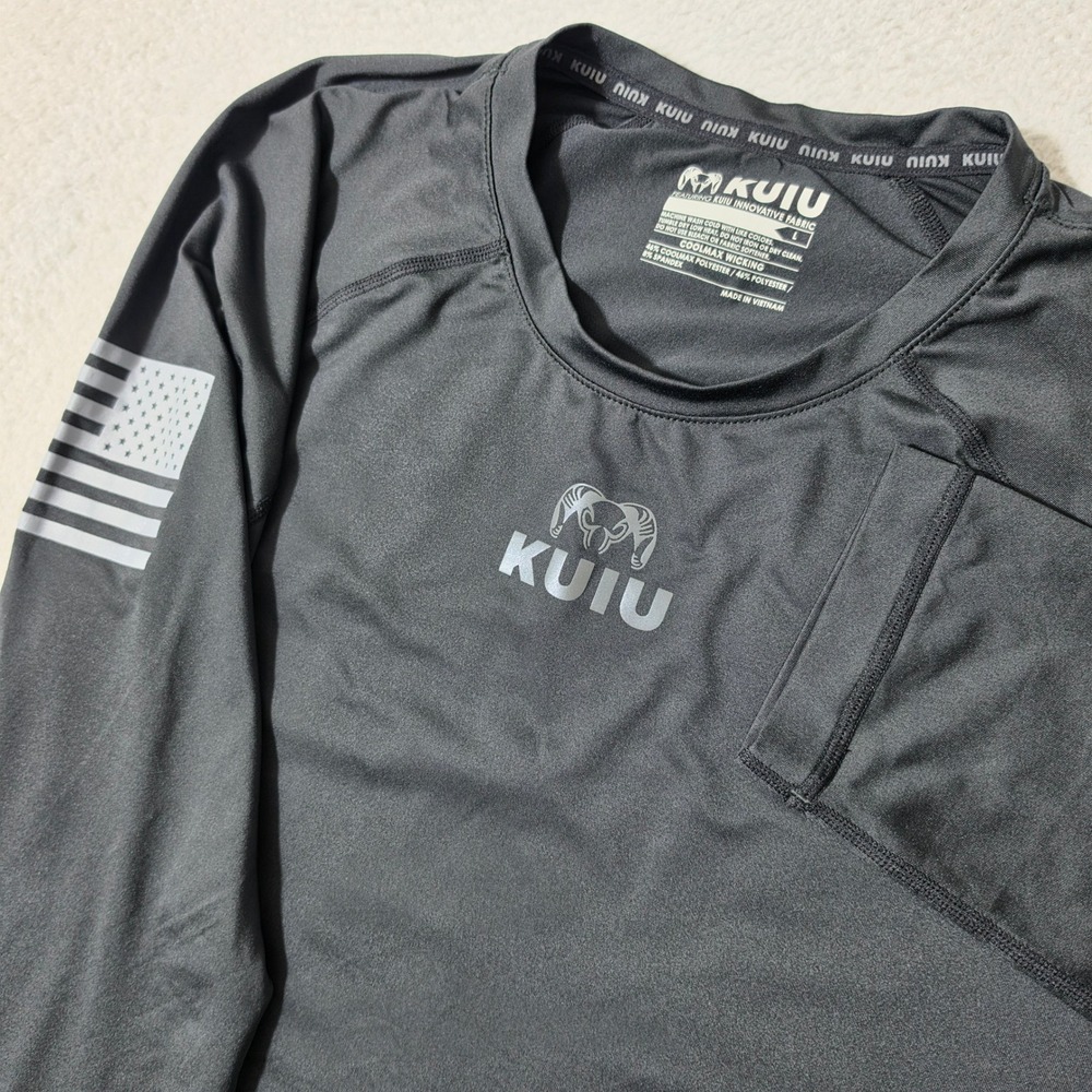 NEW KUIU L/S Crew Neck Shirt Mens L Black‎ Stretch American Flag Coolmax Wicking